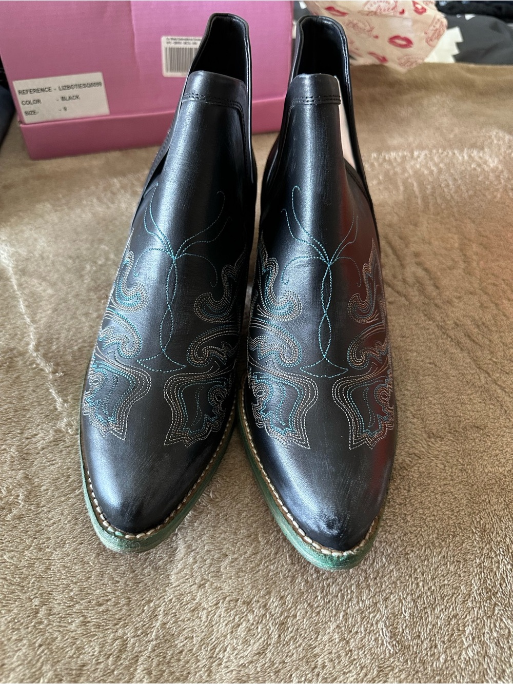 Black Distressed Leather Ankle Booties with Turquoise Accent - Picture 2 of 5